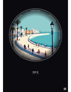 Affiche Nice – Poster illustration vintage – Promenade Des Anglais | Gravura – Fond foncé