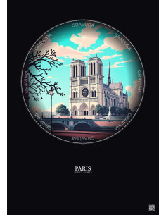 Affiche Paris – Poster illustration vintage – Notre Dame Cathedral | Gravura – Fond foncé
