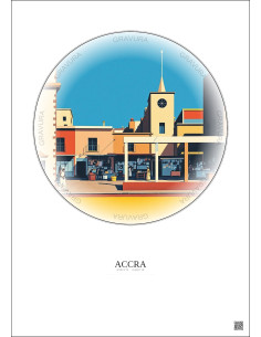 Affiche Accra – Poster illustration vintage – Makola Market | Gravura – Fond clair