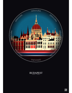 Affiche Budapest – Poster illustration vintage – Hungarian Parliament Building | Gravura – Fond foncé