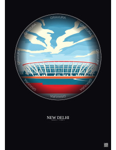 Affiche New Delhi – Poster illustration vintage – Jawaharlal Nehru Stadium | Gravura – Fond foncé