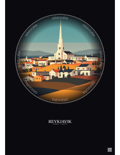 Affiche Reykjavik – Poster illustration vintage – Famous Viewpoint Of Reykjavik | Gravura – Fond foncé