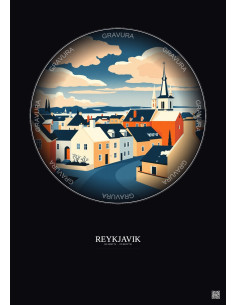 Affiche Reykjavik – Poster illustration vintage – Historic Old Town Of Reykjavik | Gravura – Fond foncé