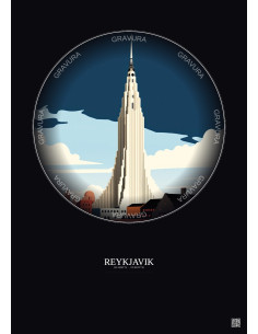 Affiche Reykjavik – Poster illustration vintage – Most Iconic Landmark Of Reykjavik | Gravura – Fond foncé