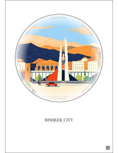 Affiche Bishkek City – Poster illustration vintage – Most Iconic Landmark Of Bishkek City | Gravura – Fond clair