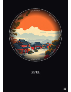 Affiche Seoul – Poster illustration vintage – Changdeokgung | Gravura – Fond foncé