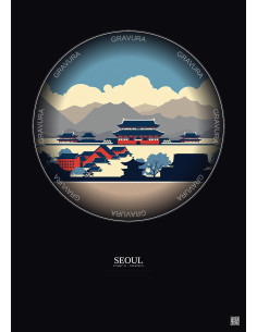 Affiche Seoul – Poster illustration vintage – Gyeongbokgung | Gravura – Fond foncé