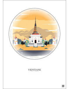 Affiche Vientiane – Poster illustration vintage – Wat Si Muang | Gravura – Fond clair