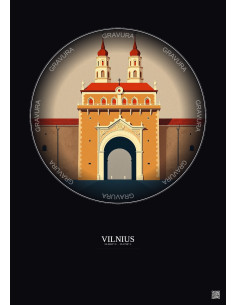 Affiche Vilnius – Poster illustration vintage – Gate Of Dawn | Gravura – Fond foncé