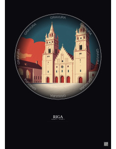 Affiche Riga – Poster illustration vintage – Riga Cathedral | Gravura – Fond foncé