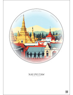 Affiche Nay Pyi Taw – Poster illustration vintage – Historic Old Town Of Nay Pyi Taw | Gravura – Fond clair