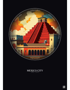 Affiche Mexico City – Poster illustration vintage – Historic Old Town Of Mexico City | Gravura – Fond foncé