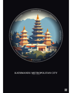 Kathmandu Metropolitan City Vintage Travel Poster – Historic Old Town Of Kathmandu Metropolitan City | Gravura – Dark background