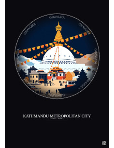 Kathmandu Metropolitan City Vintage Travel Poster – Most Iconic Landmark Of Kathmandu Metropolitan City | Gravura – Dark backgro