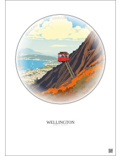 Affiche Wellington – Poster illustration vintage – Wellington Cable Car | Gravura – Fond clair
