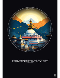 Kathmandu Metropolitan City Vintage Travel Poster – Famous Viewpoint Of Kathmandu Metropolitan City | Gravura – Dark background