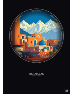 Affiche Islamabad – Poster illustration vintage – Lok Virsa Museum | Gravura – Fond foncé