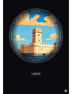 Affiche Lisbon – Poster illustration vintage – Torre De Belem | Gravura – Fond foncé