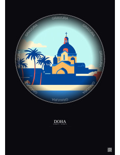 Doha Vintage Travel Poster – Catholic Church Of Our Lady Of The Rosary | Gravura – Dark background
