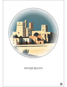 Affiche Riyadh Region – Poster illustration vintage – Historic Old Town Of Riyadh Region | Gravura – Fond clair