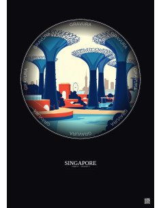 Affiche Singapore – Poster illustration vintage – Gardens By The Bay | Gravura – Fond foncé