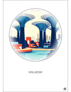 Affiche Singapore – Poster illustration vintage – Gardens By The Bay | Gravura – Fond clair