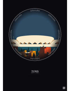 Affiche Tunis – Poster illustration vintage – Stade El Menzah | Gravura – Fond foncé