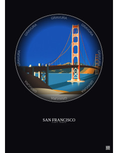 Affiche San Francisco – Poster illustration vintage – Golden Gate Bridge | Gravura – Fond foncé