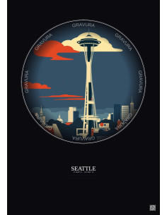 Affiche Seattle – Poster illustration vintage – Space Needle | Gravura – Fond foncé