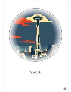 Affiche Seattle – Poster illustration vintage – Space Needle | Gravura – Fond clair