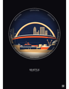 Affiche Seattle – Poster illustration vintage – Lumen Field | Gravura – Fond foncé