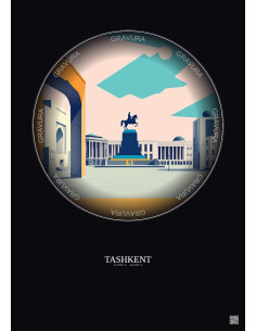 Affiche Tashkent – Poster illustration vintage – Amir Timur Square | Gravura – Fond foncé