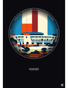 Affiche Harare – Poster illustration vintage – National Sports Stadium | Gravura – Fond foncé