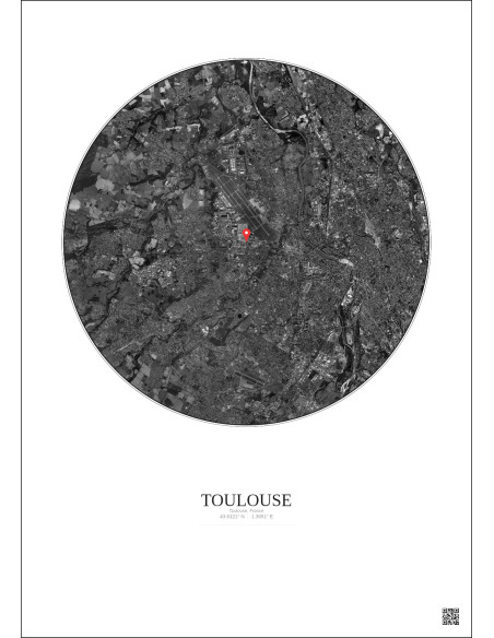 Toulouse, France - Vue satellite personnalisée 10 km · N&B · Fond clair