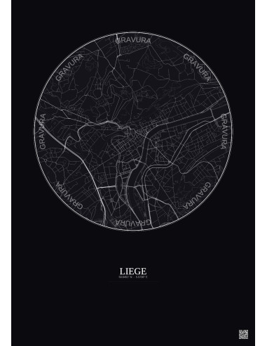 Affiche Liege – Poster carte de ville 2.5km | Gravura – Fond foncé
