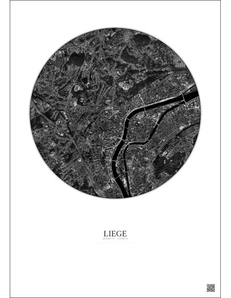 Affiche Liege – Poster vue satellite 2.5km N&B | Gravura – Fond clair