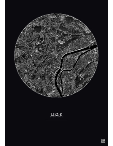Liege Satellite View Poster 2.5km B&W | Gravura – Dark background