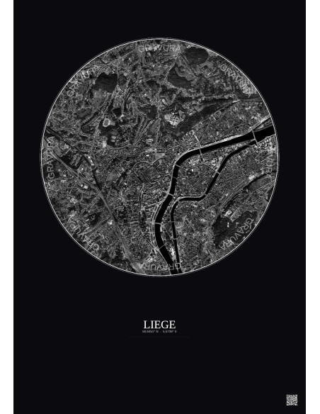 Liege Satellite View Poster 2.5km B&W | Gravura – Dark background