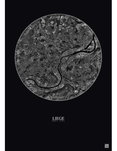 Affiche Liege – Poster vue satellite 6km N&B | Gravura – Fond foncé