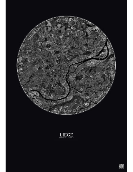 Affiche Liege – Poster vue satellite 6km N&B | Gravura – Fond foncé