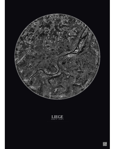 Liege Satellite View Poster 10km B&W | Gravura – Dark background