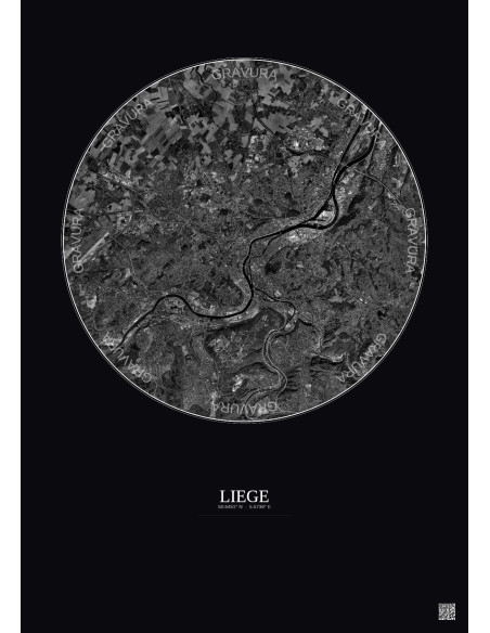 Liege Satellite View Poster 10km B&W | Gravura – Dark background