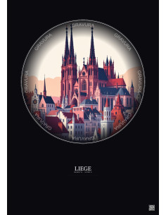 Affiche Liege – Poster illustration vintage – Cathedrale Saint Paul De Liege | Gravura – Fond foncé