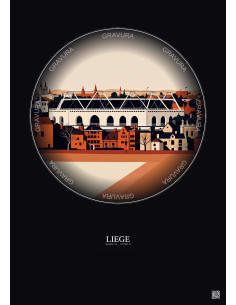Affiche Liege – Poster illustration vintage – Stade Maurice Dufrasne | Gravura – Fond foncé