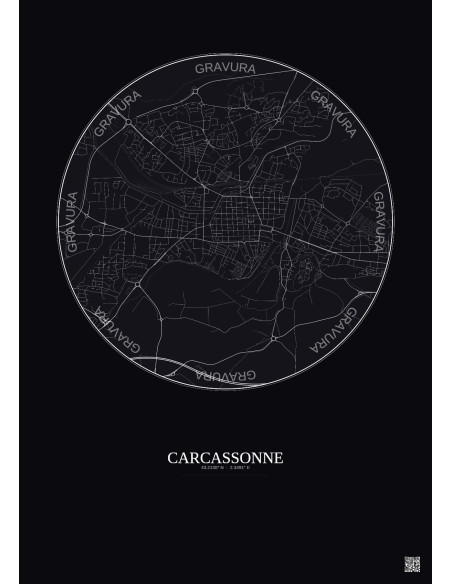 Affiche Carcassonne – Poster carte de ville 2.5km | Gravura – Fond foncé
