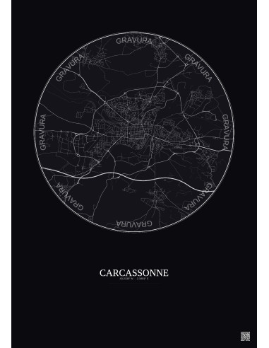 Carcassonne City Map Poster 5km | Gravura – Dark background