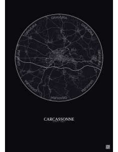 Carcassonne City Map Poster 10km | Gravura – Dark background