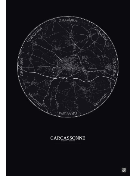 Carcassonne City Map Poster 10km | Gravura – Dark background