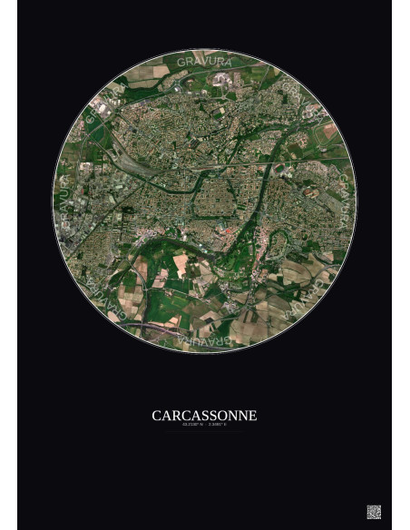 Carcassonne Satellite View Poster 2.5km Color | Gravura – Dark background