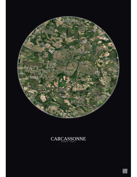Carcassonne Satellite View Poster 5km Color | Gravura – Dark background
